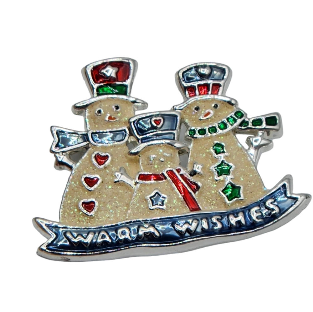 Enamel Snowman Brooch Pin Signed BEST Winter Christmas Holiday Warm Wishes